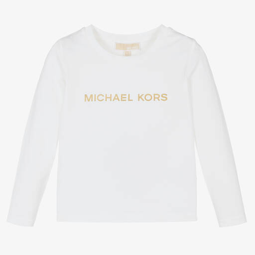 Michael Kors Kids-توب قطن جيرسي عضوي لون أبيض وذهبي للبنات | Childrensalon Outlet