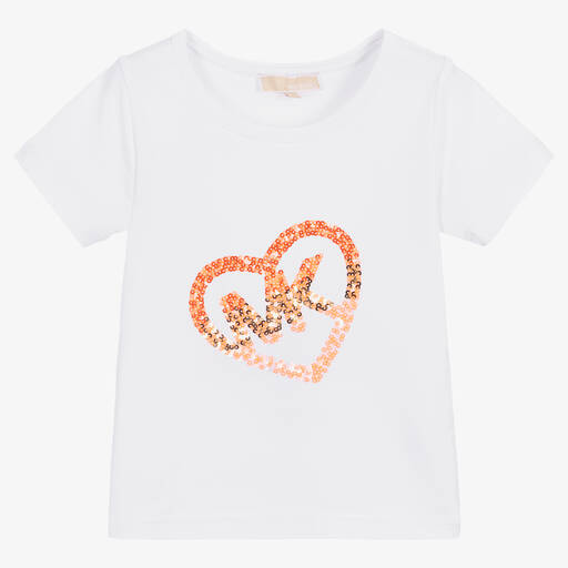 Michael Kors Kids-Girls White Sequin Heart Logo T-Shirt | Childrensalon Outlet