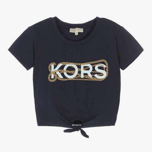 Michael Kors Kids-تيشيرت قصير تينز بناتي قطن جيرسي لون كحلي | Childrensalon Outlet