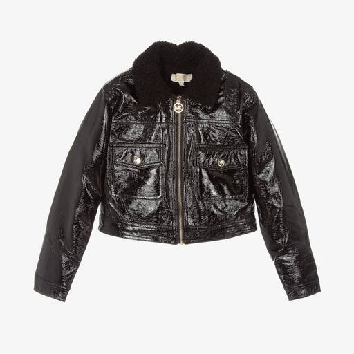 Michael Kors Kids-Glänzende schwarze Teen Kunstlederjacke für Mädchen | Childrensalon Outlet