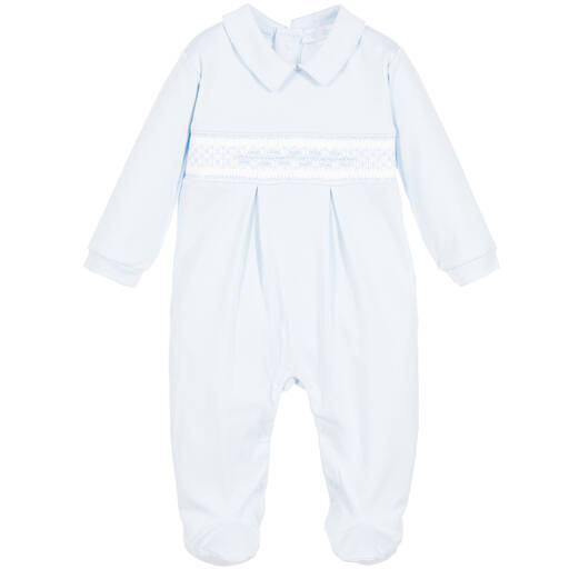 Mini-la-Mode-Grenouillère bleue en coton Pima à smocks | Childrensalon Outlet