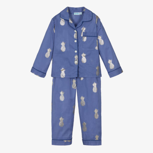 Mini Lunn-ملابس نوم قطنية زرقاء للبنات بنقشة الأناناس | Childrensalon Outlet