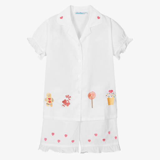 Mini Lunn-بيجاما قطنية بيضاء مطرزة للبنات | Childrensalon Outlet