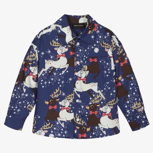 Mini Rodini-Blue Reindeer Cotton Shirt | Childrensalon Outlet