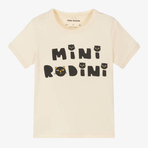 Mini Rodini-Кремовая футболка с принтом кота для мальчиков | Childrensalon Outlet