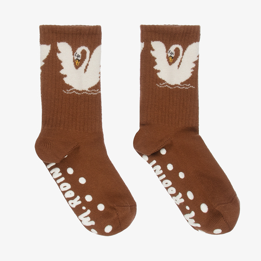 Mini Rodini-Коричневые нескользящие носки с лебедями | Childrensalon Outlet