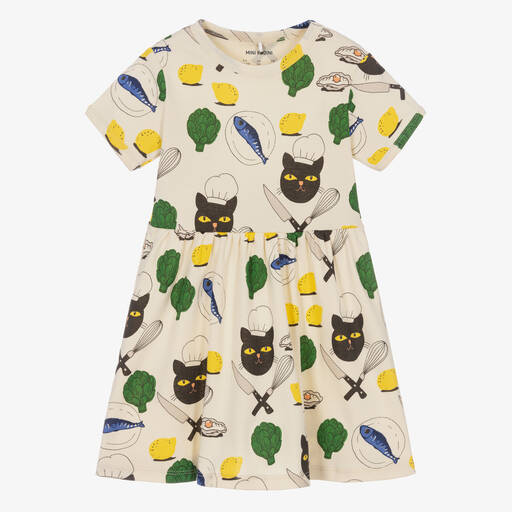 Mini Rodini-فستان بطبعة Chef Cat قطن عضوي لون عاجي | Childrensalon Outlet