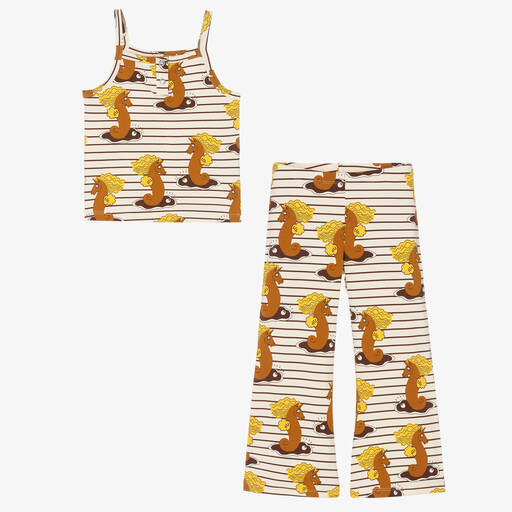 Mini Rodini-Girls Ivory Organic Cotton Seahorse Trouser Set | Childrensalon Outlet