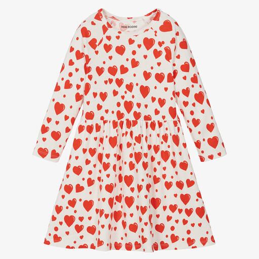 Mini Rodini-Girls Ivory & Red Cotton Heart Dress | Childrensalon Outlet
