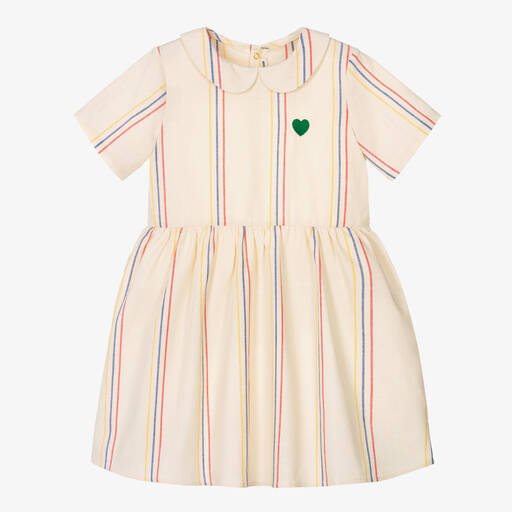 Mini Rodini-Girls Ivory Striped Cotton & Linen Dress | Childrensalon Outlet