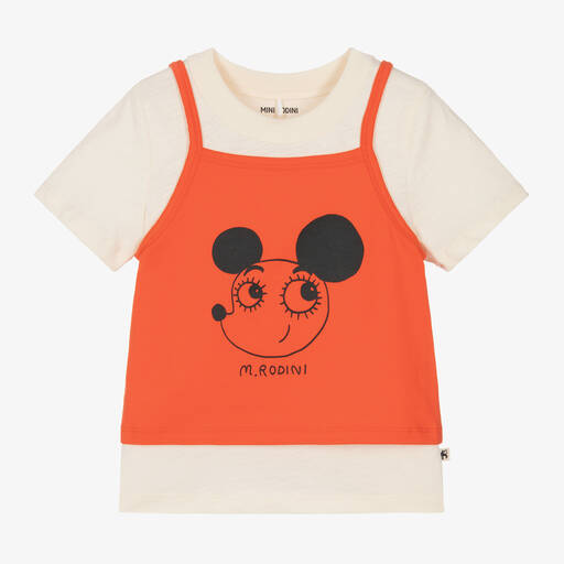 Mini Rodini-Girls Orange Cotton Ritzratz T-Shirt Set | Childrensalon Outlet