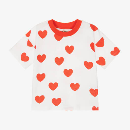 Mini Rodini-تيشيرت بطبعة قلوب قطن لون أبيض وأحمر | Childrensalon Outlet