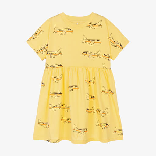 Mini Rodini-Girls Yellow Organic Cotton Airplane Dress | Childrensalon Outlet