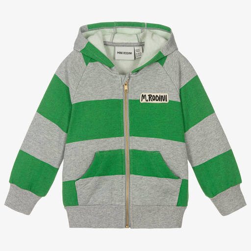 Mini Rodini-Grün gestreifte Bio-Kapuzenjacke | Childrensalon Outlet