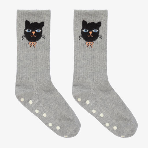 Mini Rodini-Graue Anti-Rutsch-Socken mit Katze | Childrensalon Outlet