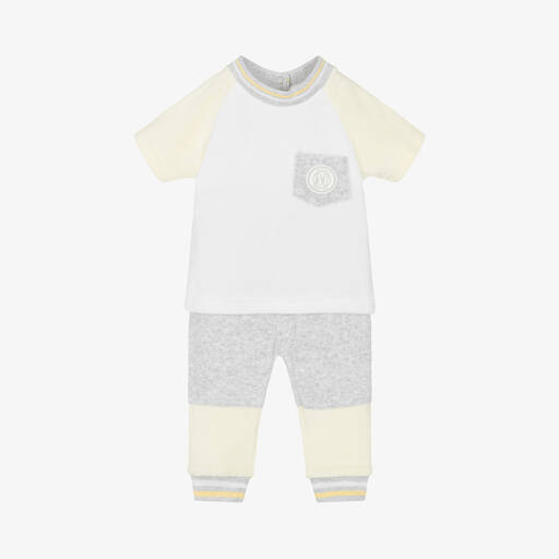 Mintini Baby-Baby Boys White & Grey Towelling Trouser Set | Childrensalon Outlet