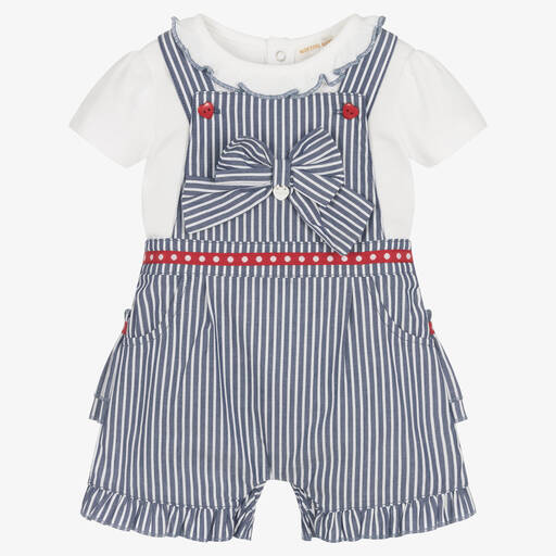 Mintini Baby-Baby Girls White & Blue Dungaree Shorts Set | Childrensalon Outlet