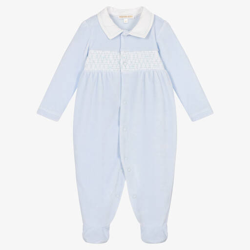 Mintini Baby-Blue Smocked Velour Babygrow | Childrensalon Outlet