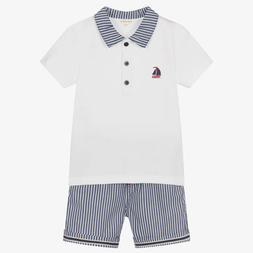 Mintini Baby-Boys White & Blue Cotton Shorts Set | Childrensalon Outlet