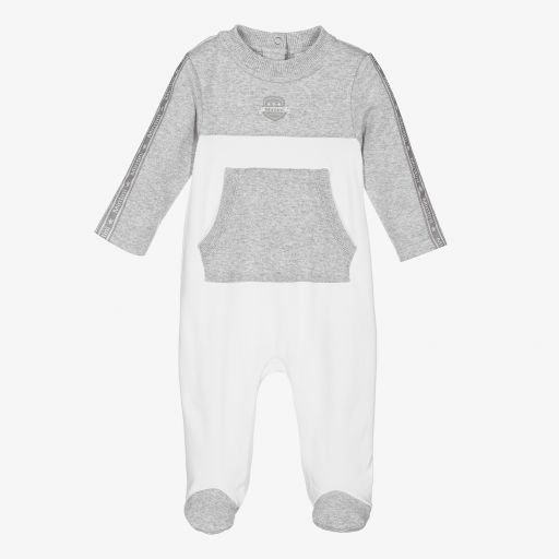 Mintini Baby-Grey & White Cotton Babygrow | Childrensalon Outlet