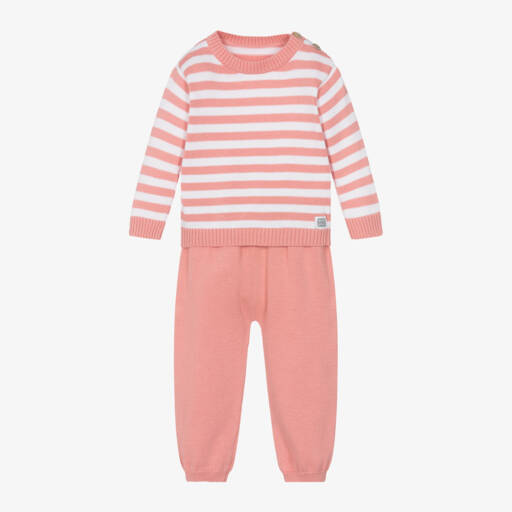 Minutus-Pink Stripe Cotton Knit Baby Trouser Set | Childrensalon Outlet