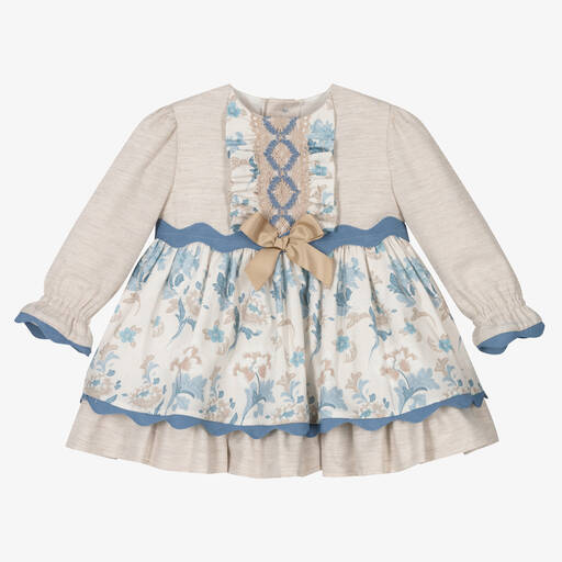 Miranda-Baby Girls Beige & Blue Floral Dress | Childrensalon Outlet