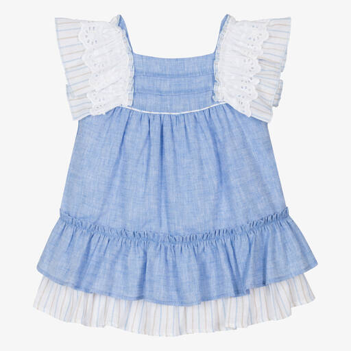 Miranda-Baby Girls Blue Linen Frill Dress | Childrensalon Outlet