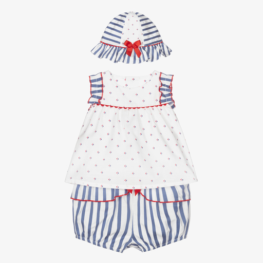 Miranda-طقم شورت وتوب قطن بوبلين لون أزرق وأبيض للمولودات | Childrensalon Outlet