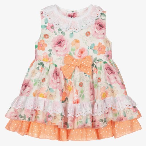 Miranda-طقم فستان مزبج قطن وكتان لون برتقالي وزهري بطبعة ورود | Childrensalon Outlet
