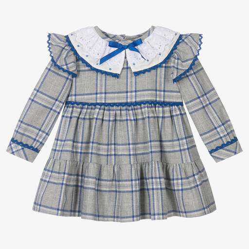 Miranda-Kariertes Baumwollkleid in Grau und Blau für weibliche Babys | Childrensalon Outlet