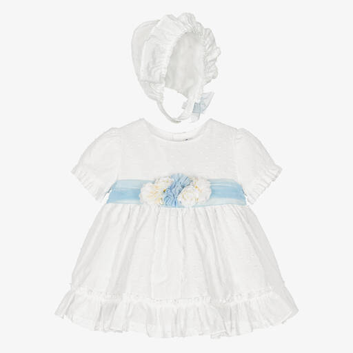 Miranda-Бело-голубое платье с цветами и чепчик | Childrensalon Outlet