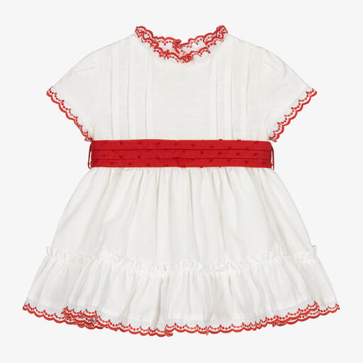 Miranda-فستان قطن لون أبيض وأحمر للمولودات | Childrensalon Outlet