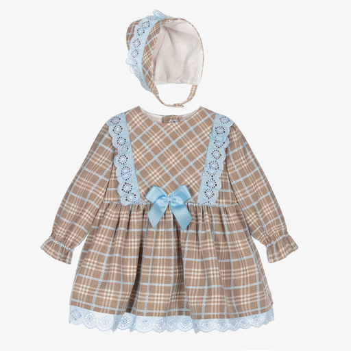 Miranda-طقم فستان مزيج قطن كاروهات لون بيج وأزرق | Childrensalon Outlet