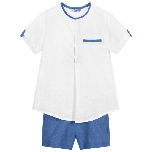 Miranda-Blue & White Linen Shorts Set | Childrensalon Outlet