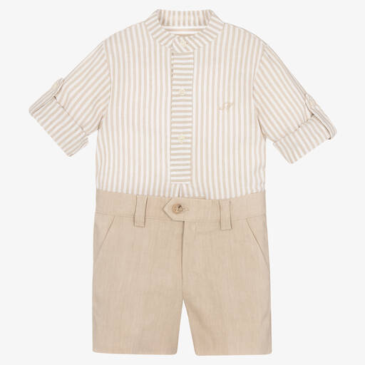 Miranda-Boys Beige Stripe Linen Shorts Set | Childrensalon Outlet