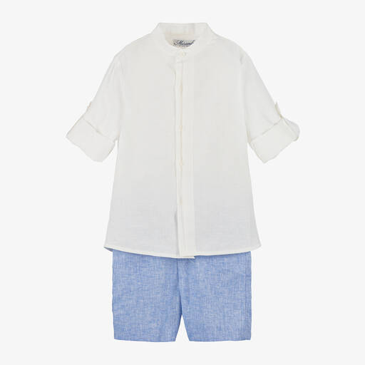 Miranda-Boys Blue Linen & Cotton Shorts Set | Childrensalon Outlet