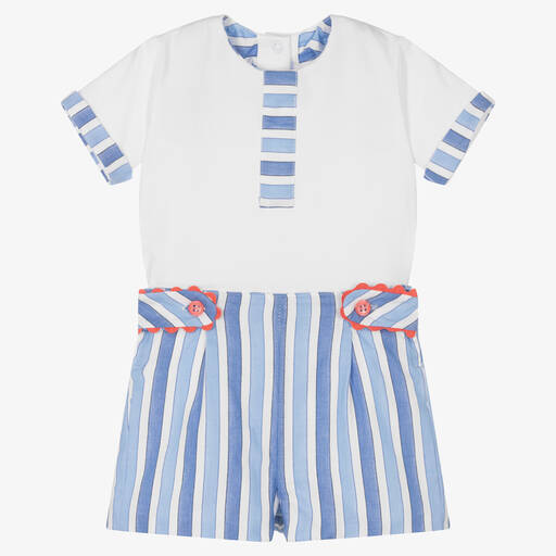 Miranda-Boys Blue Stripe Cotton Shorts Set | Childrensalon Outlet