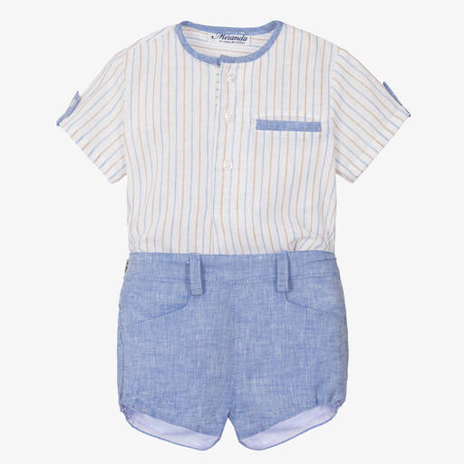 Miranda-Boys Blue Striped Linen Shorts Set | Childrensalon Outlet