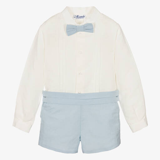 Miranda-Boys Ivory & Blue Linen Shorts Set | Childrensalon Outlet