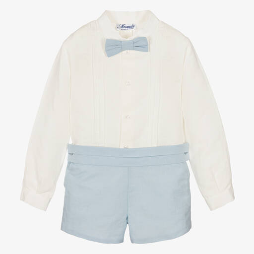 Miranda-Ensemble short ivoire bleu en lin | Childrensalon Outlet