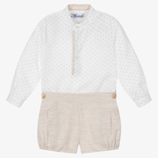 Miranda-Ensemble short blanc et beige à pois | Childrensalon Outlet