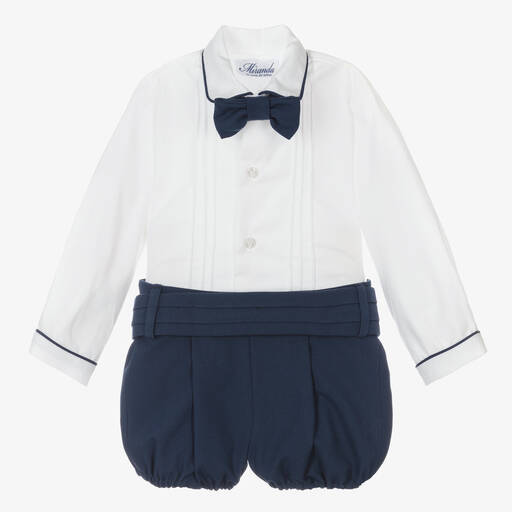 Miranda-Boys White & Blue Cotton Shorts Set | Childrensalon Outlet