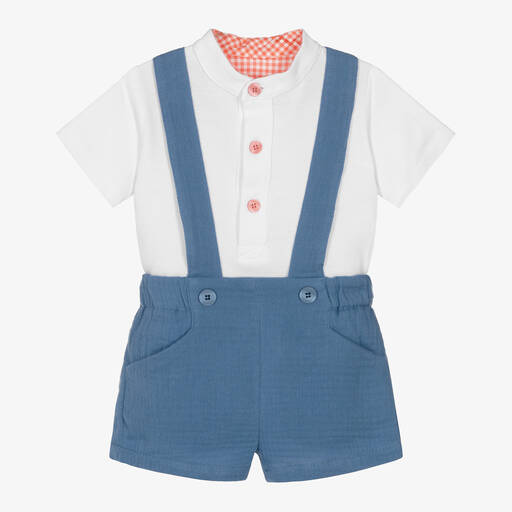 Miranda-Boys White & Blue Cotton Shorts Set | Childrensalon Outlet