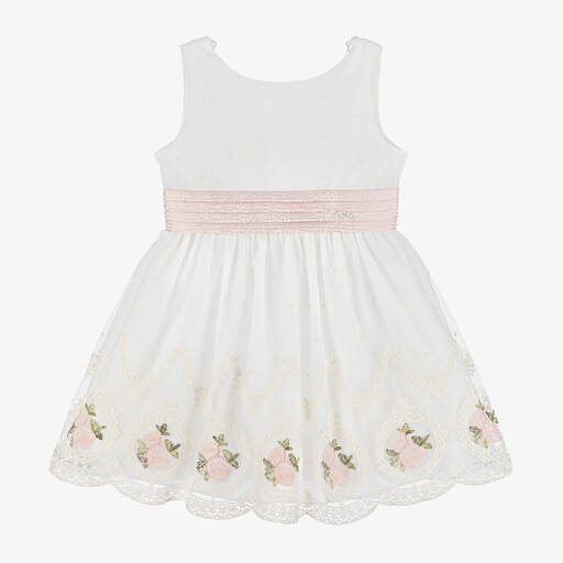 Miranda-Girls Ivory & Pink Embroidered Tulle Dress | Childrensalon Outlet