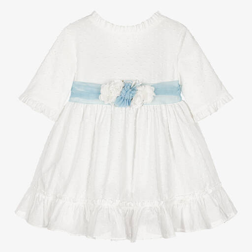Miranda-Girls White & Blue Floral Belt Dress | Childrensalon Outlet