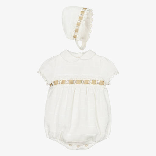 Miranda-Ivory Linen Shortie & Bonnet Set | Childrensalon Outlet