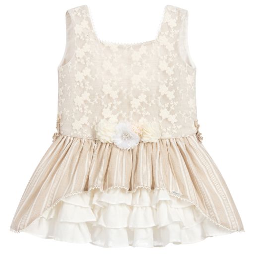 Miranda-Teen Beige Lace & Linen Dress | Childrensalon Outlet