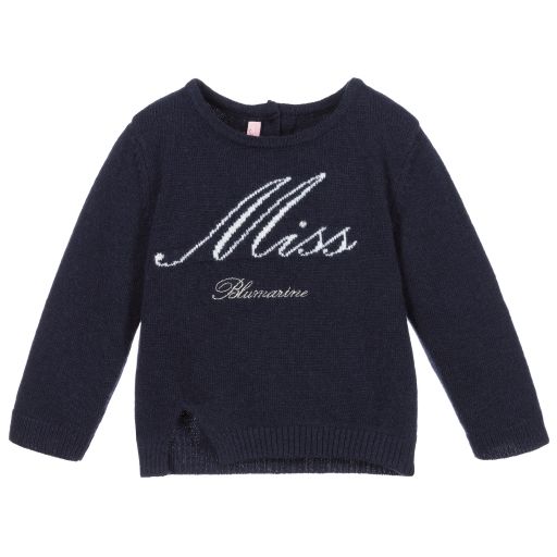Miss Blumarine-Girls Navy Blue Wool Sweater | Childrensalon Outlet