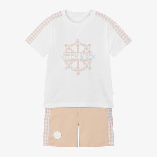 Mitch & Son-Boys Beige & White Cotton Shorts Set | Childrensalon Outlet