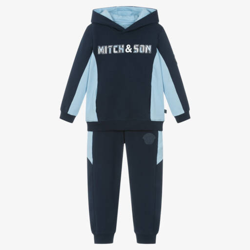 Mitch & Son-Boys Navy Blue Cotton Jersey Tracksuit with Blue Panels | Childrensalon Outlet